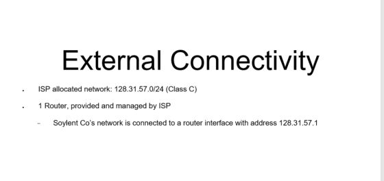 External Connectivity ISP allocated network: 128.31.57.0/24 (Class C) 1 Router, provided and managed by ISP Soylent Cos netw