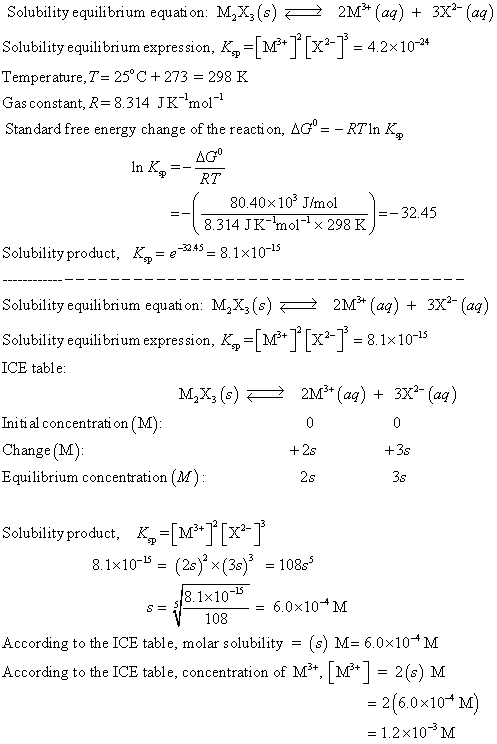 Solubility equilibrium equati on: M2X (s) 3X- (aq) 2M3 (ag) |x2- Solubility equilibrium expression, K M3 4.2x 1024 Temperatur