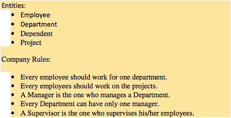 Entities: Employee Department Dependent Project Company Rules: Every employee should work for one department. Every employees