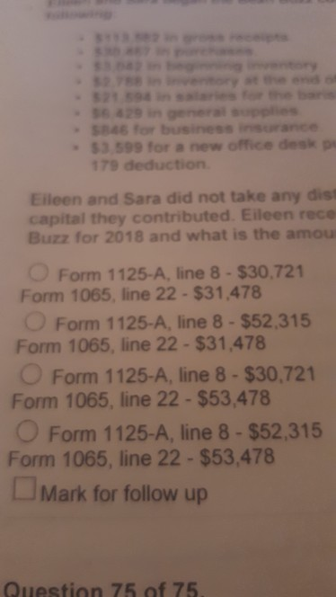 ceipts entory 2. 521 594 in 6429 in general supplies S846 for business insurance $3,599 for a new office desk p 179 deduction