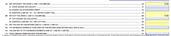 AA NET AZ/COUNTY TAX (PAGE 2, LINE 7, COLUMN (M)) 0,00 AA A1 STATE EXCESS TAX COLLECT A1 A2 A2 EXCESS TAX ACCOUNTING CREDIT A