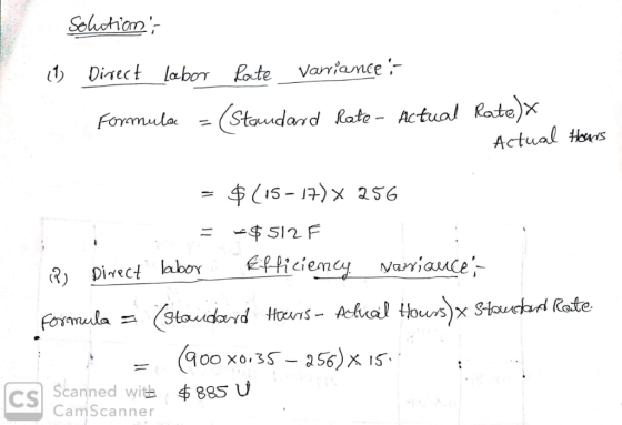 <t> Direct labor ate Varience Fomnula =( Standard Rah-Actual Rate)x Actual tous Scanned with $885 ป CamScanner