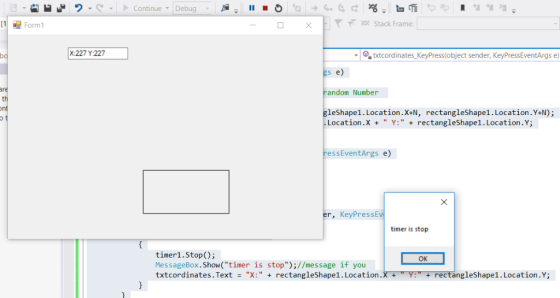 . , Continue Debug - A, 11 . Y r xx Stack Frame: Form1 X:227 Y:227 ttcordinates_KeyPress(object sender, KeyPressEventArgs e)