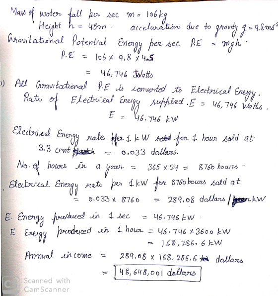 Mas of woler her sec accelaration due to 9.8то hravtational Potential oug 46,746 Wotts ) Al Gnavitational PE i sonverte t Ele
