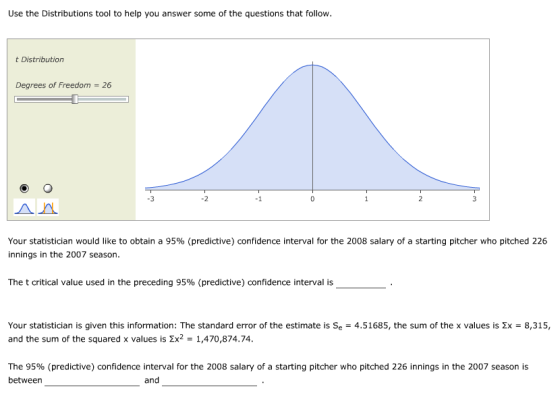Use the Distributions tool to help you answer some of the questions that follow. t Distribution Degrees of Freedom-26 -2 2 Yo