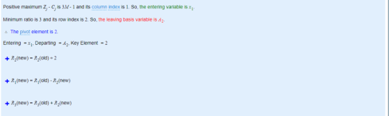 Positive maximum -G is 3M-1 and its column index is 1 . So, the entering variable is x1. Minimum ratio is 3 and its row index