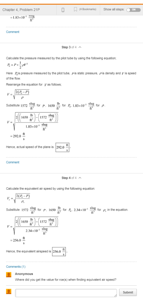 (4 Bookmarks) Show all steps: ON Chapter 4, Problem 21P = 1.83x10 E Comment Step 3 of 4 A Calculate the pressure measured yth