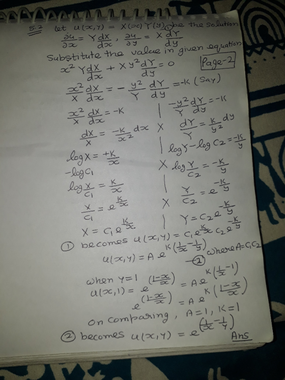 YAwAww.LLLEIN tet utox, Y) = X(c) Y the Solution S2 dy Substitute tha valeue in + Xdeo given oauation Page- 2 xdx -y2 dY --K