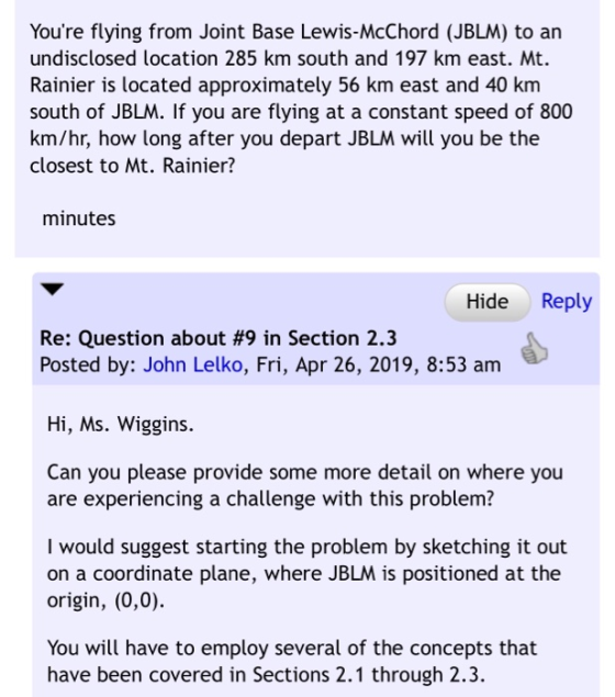 Youre flying from Joint Base Lewis-McChord (JBLM) to an undisclosed location 285 km south and 197 km east. Mt. Rainier is lo