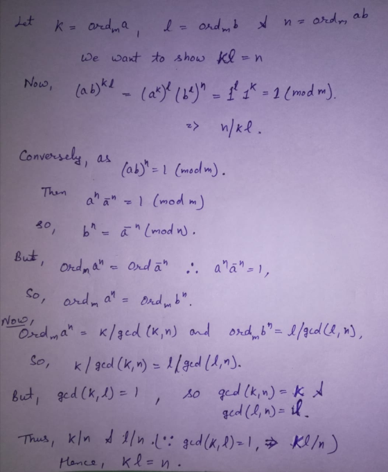 We wavt to show ㎘_n Nou,(ab kl mod m Conver-sely, as Thun a (md But So, Nouo and m an = mdm bn Bude(o Thus, l gedn) Hence, kl