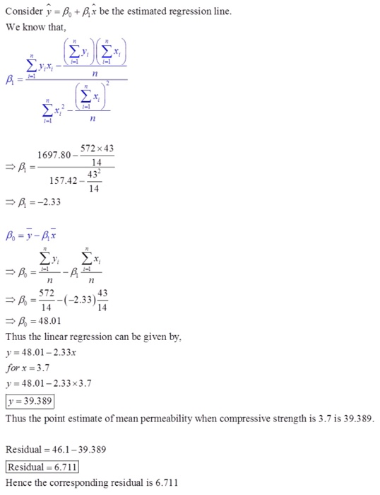 Consider y-Po +Ax be the estimated regression line We know that, y,x, 1 -1 572 x 43 1697.80 A14 43- 14 157.42- -2.33 yi 12 57