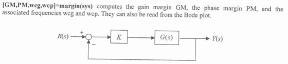 (GM,PM,wcg,wepl-margin(sys) computes the gain margin GM, the phase margin PM, and the associated frequencies weg and wep. The