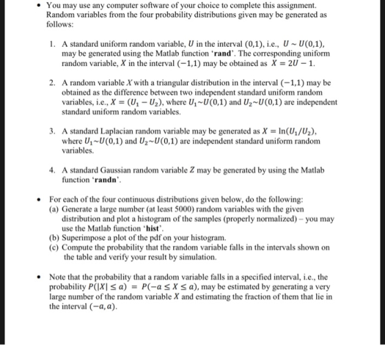 You may use any computer software of your choice to complete this assignment Random variables from the four probability distr