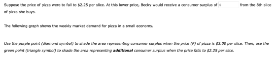 Suppose the price of pizza were to fall to $2.25 per slice. At this lower price, Becky would receive a consumer surplus of $