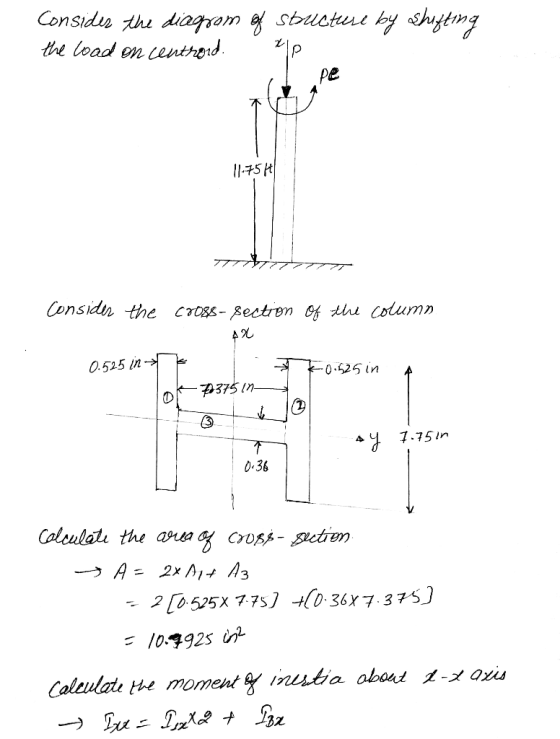 yshftmg Considis the diagram stutue the load en centroid Pe Considin the CrOss-Sectren Cf thu column A 0.525 in 0.525 in 375n