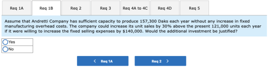Req 3 Req 4A to 4 Req 40 Req 1A Req 1B Req 5 Req 2 Assume that Andretti Company has sufficient capacity to produce 157,300 Da