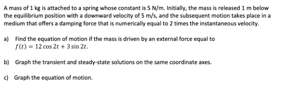A mass of 1 kg is attached to a spring whose constant is 5 N/m. Initially, the mass is released 1 m below the equilibrium pos