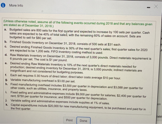 More Info (Unless otherwise noted, assume all of the following events occurred during 2018 and that any balances given are st