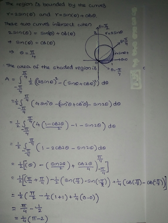 The region is bounded by the curves Y2Sinto) and Y- Sinco)+oso, These two CuYves inlerse ct cohen 2Sinco) Sine) +cs (0) Y 2 S