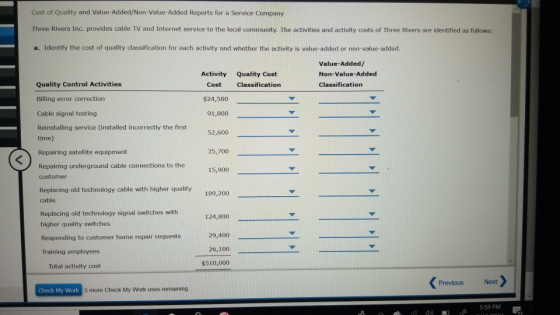 Cost of Quality and Value-Added/Non -Value-Added Reports for a Service Company Three Rivers Inc. provides cable TV and Intern