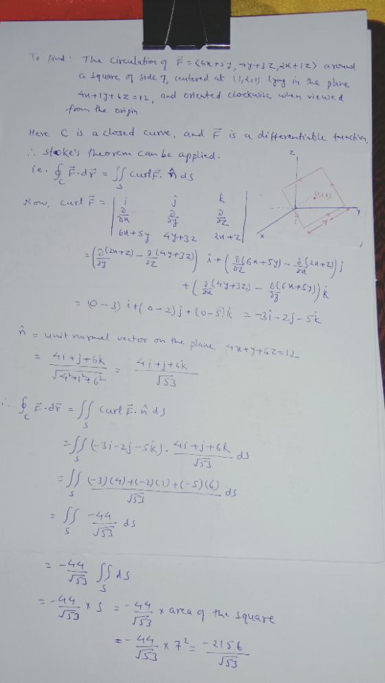 The Circulation eF<6ntSg , 43+3 Z,2ut (z) arond a iquare Si de 7, (entertd at tying e plane To find 4 t = 12, Qnd oricted Cio