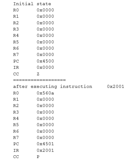 Initial state RO 0x0000 R1 0x0000 R2 0x0000 R3 0x0000 R4 0x0000 0x0000 R5 0x0000 R6 R7 0x0000 0x4500 PC IR 0x0000 after execu