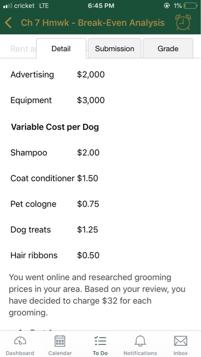 l cricket LTE 6:45 PM 1% Ch 7 Hmwk- Break-Even Analysis Rent a Submission Grade Detail Advertising $2,000 $3,000 Equipment Va