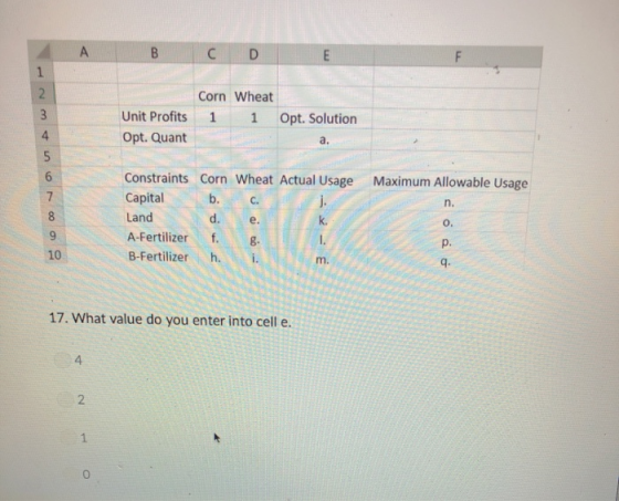 A B C E F 1 2 Corn Wheat 3 Unit Profits 1 1 Opt. Solution Opt. Quant a. Constraints Corn Wheat Actual Usage 6 Maximum Allowab