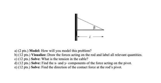 a) (2 pts.) Model: How will you model this problem? b) (12 pts.) Visualize: Draw the forces acting on the rod and label all r