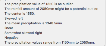 The precipitation value of 1350 is an outlier. The rainfall amount of 2050mm might be a potential outlier. The center is 1550