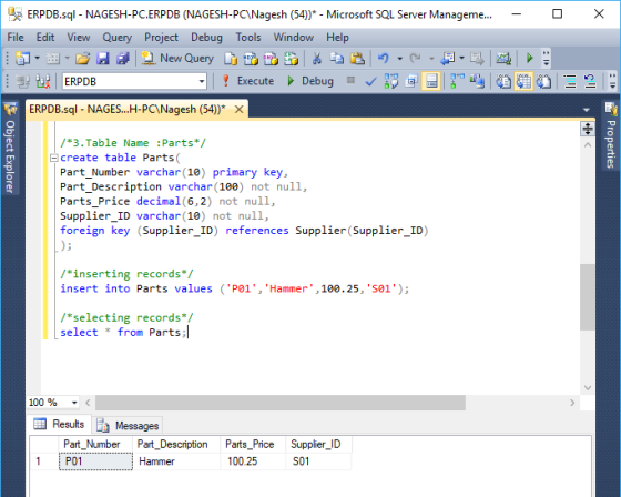 ERPDB.sql - NAGESH-PC.ERPDB (NAGESH-PCNagesh (54)) - Microsoft SQL Server Managem... File Edit View Query Project Debug Tools