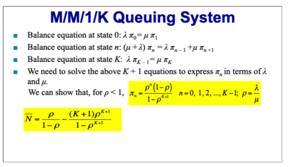 M/M/1/K Queuing System Balance equation at state 0: A no-u Balance equation at state n: (u +) x, = ^ «,-1+iT Balance equation