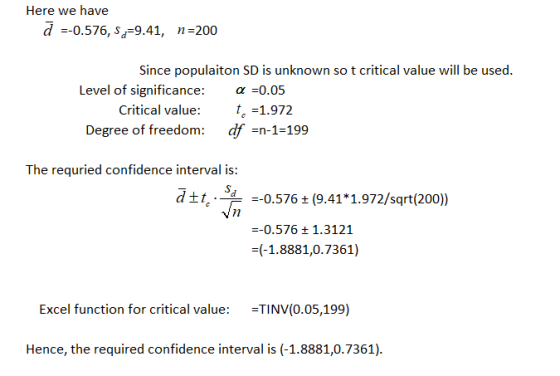 Here we have d--0.576, d 9.41 n-200 Since populaiton SD is unknown so t critical value will be used. Level of significance: α