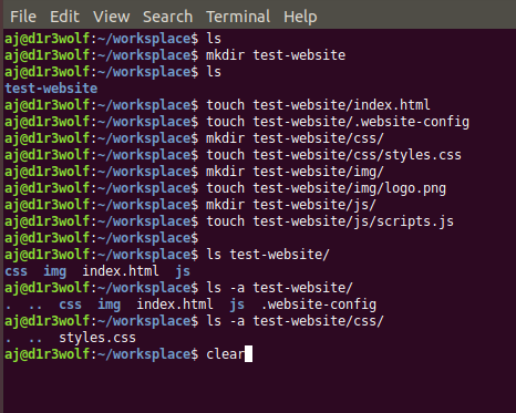 File Edit View Search Terminal Help aj@d1r3wolf:~/worksplace$ ls aj@d1r3wolf:~/worksplace$ mkdir test-website aj@d1r3wolf:~/w