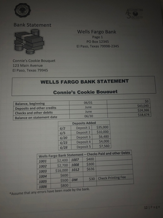 CCOUNTING OCTETY Bank Statement Wells Fargo Bank Page 1 PO Box 12345 El Paso, Texas 79998-2345 Connies Cookie Bouquet 123 Ma