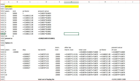 16850 OPTION 1 16851 Calculatii 16852 years rent 16853 0 pv factor present value -+C16853 B16853 -+C16854 B16854 -+C16855 B16