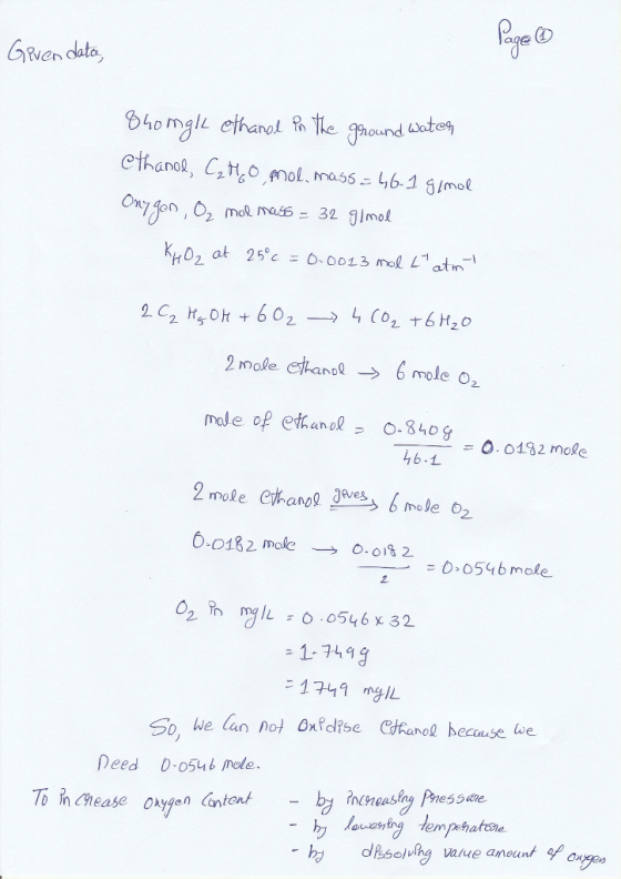 GNen data homgl ethanal hthe ghound otes cthanol, Ct0 mol. mass- 6.1 gimol Ong gon, 02 mol mas= 32 gimol K07 at 25c = 0-0013