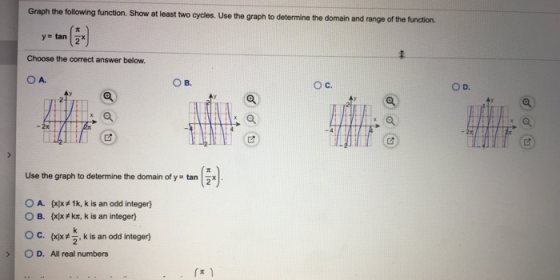 Graph the following function. Show at least two cycles. Use the graph to determine the domain and range of the function. y ta