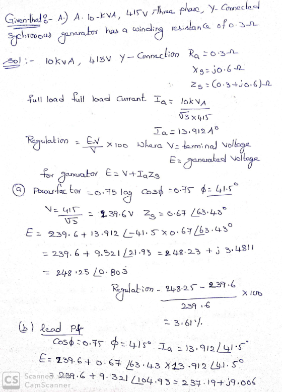 A. lo-kVA, 41V he phan, y. Comnecles coineling esislana ofo 3n Givnthal A) has a lokvA 415v y-Connection Ra-03-n xs jo.6 Zs C