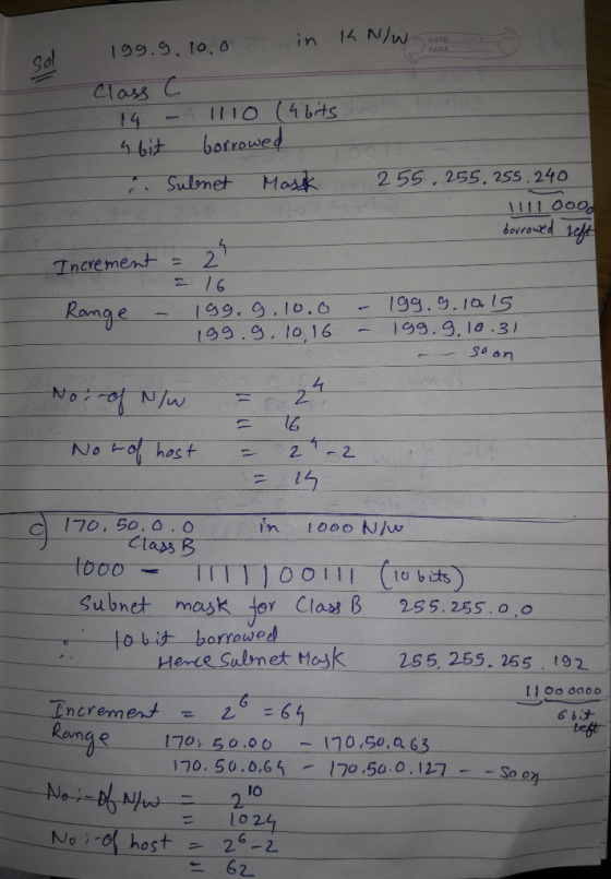 14 N/w in DATE 199.9. 10.O PAGE Sol Class C I1IO (4bts 14 borrowed 4 bit Mosk 2 55. 255. 255,240 Sulenet Sovroued 1eft 2 Tncr