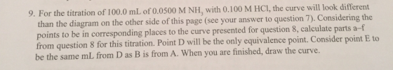 9. For the titration of 100.0 mL of 0.0500 M NH, with 0.100 M HCI, the curve will look different he diagram on the other side