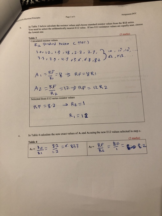 Page 3 of 3 22 lecical Principles b In Table 3 below calculate the resistor values and choose standard resistor values from t