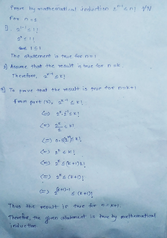 Prore by mathematical nduction 2n) N for n 1 1.2 1-112 2 The 6tatement is tmue fos n Assume that the oesult is tnue for n k.