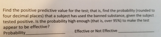 Find the positive predictive value for the test; that is, find the probability (rounded to four decimal places) that a subjec