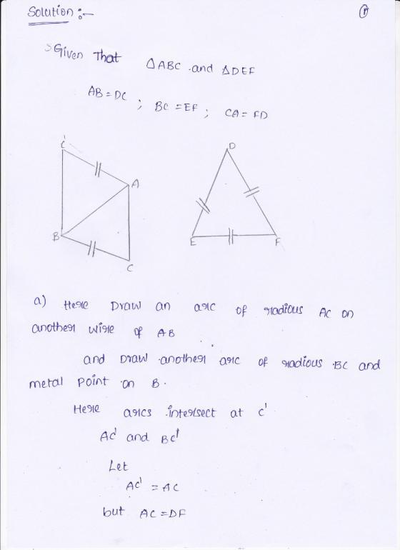 Soln Siven That Δ ABC -and i△ D Ef a) and Dnaw anohe 09C sradious sc and metal Point on 8 Ac and Bc but AC=DP