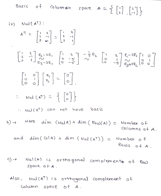 Basi t Columsn spare A ) NulAT) 2. S 2 5 -5」 Kg+SR2.lo 23-32 o Nul (AT) こ NuCAT) can not have asis dum (Nul A)+dim ( Rou (A))