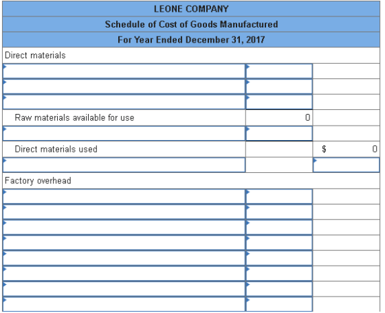 LEONE COMPANY Schedule of Cost of Goods Manufactured For Year Ended December 31, 2017 Direct materials Raw materials availabl