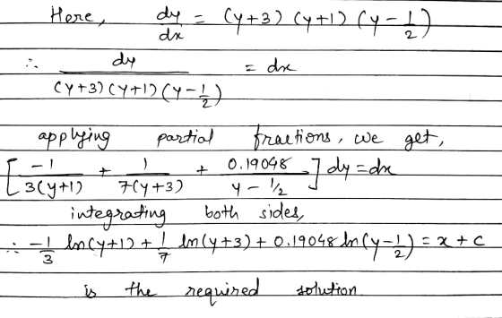 Hone day dx dy dnx Partiol ratiens, we zet, applziug O.19048 1 Hy+3 3(y+1 ntegrating cy+1D + my+3)0.19048 n both sides 2equir