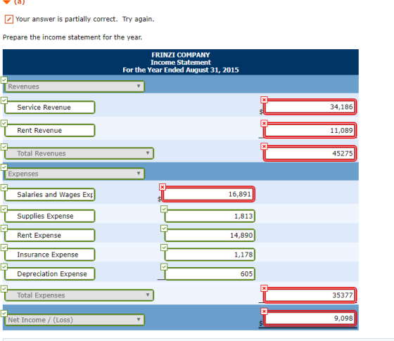 Your answer is partially correct. Try again Prepare the income statement for the year. FRINZI COMPANY Income Statement For th
