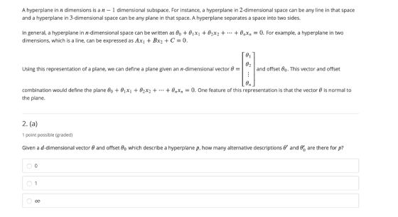 A hyperplane in n dimensions is a n - 1 dimensional subspace. For instance, a hyperplane in 2-dimensional space can be any li